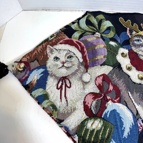 Holiday Cat Tapestry Table Runner With Festive Design & Tassels 27" X 13.5" - Picture 6 of 11